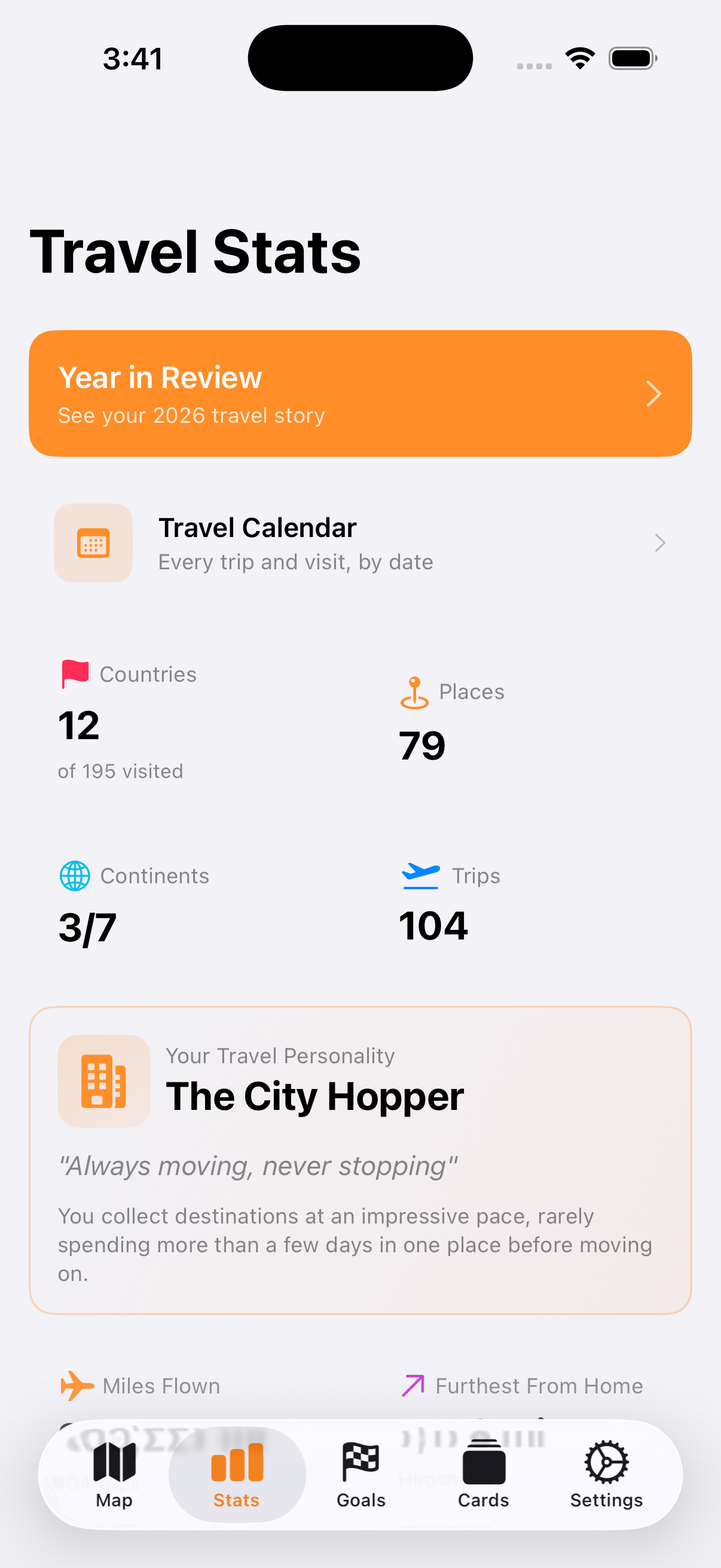 GlobePin travel statistics — countries, trips, and travel personality