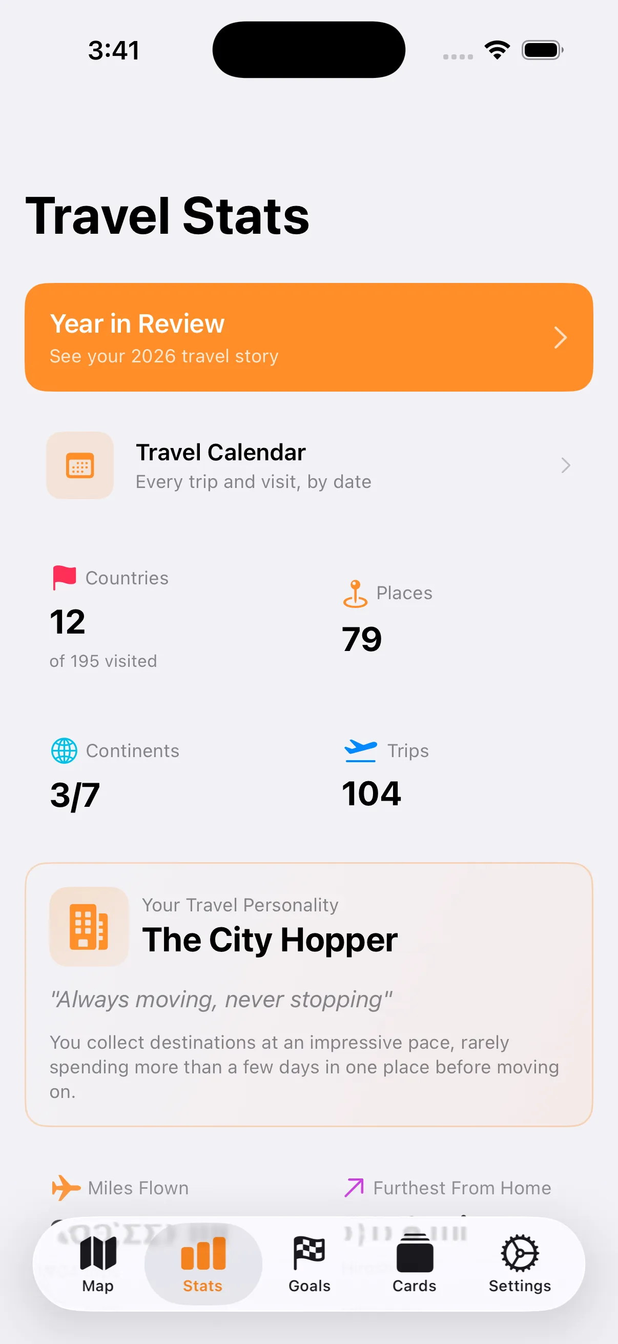 GlobePin travel statistics - countries, trips, and travel personality