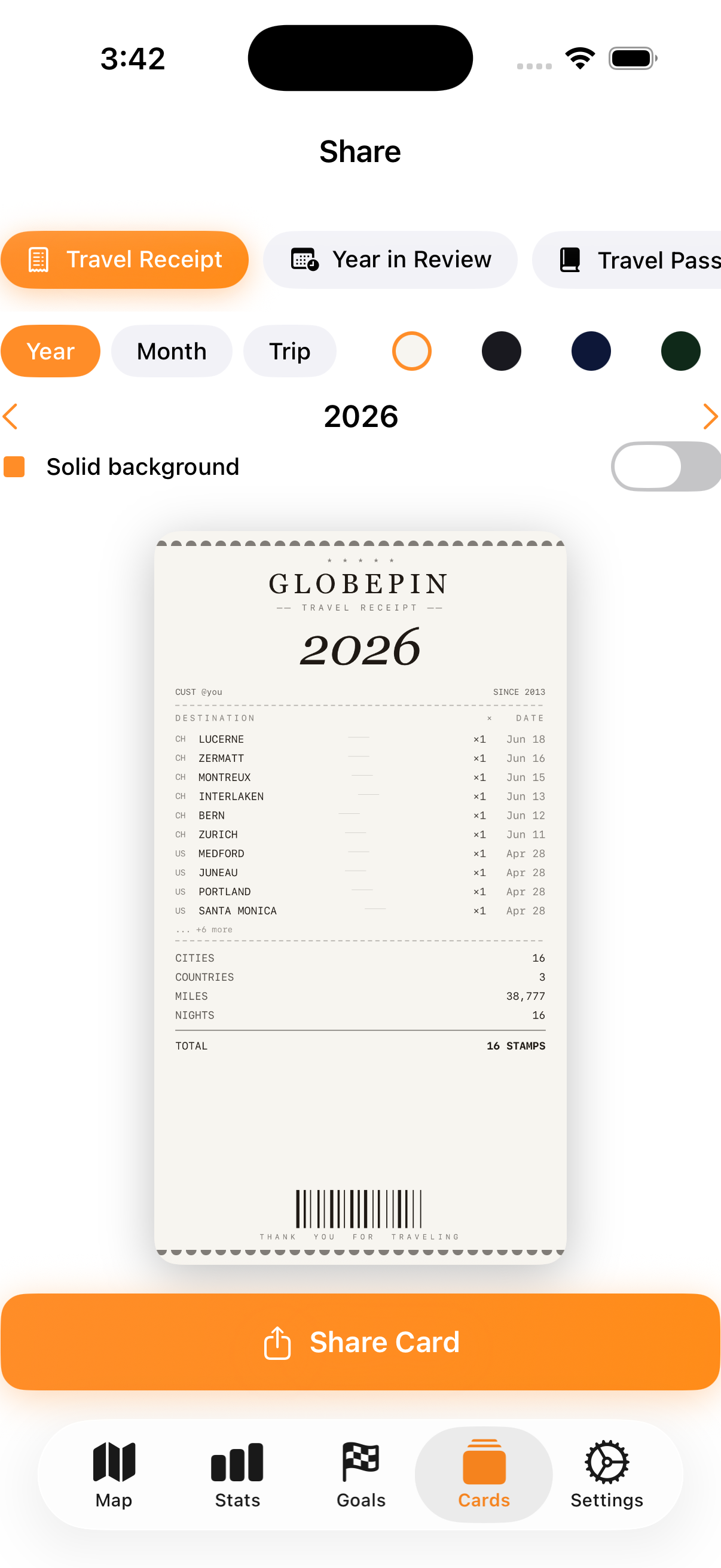 GlobePin travel receipt share card