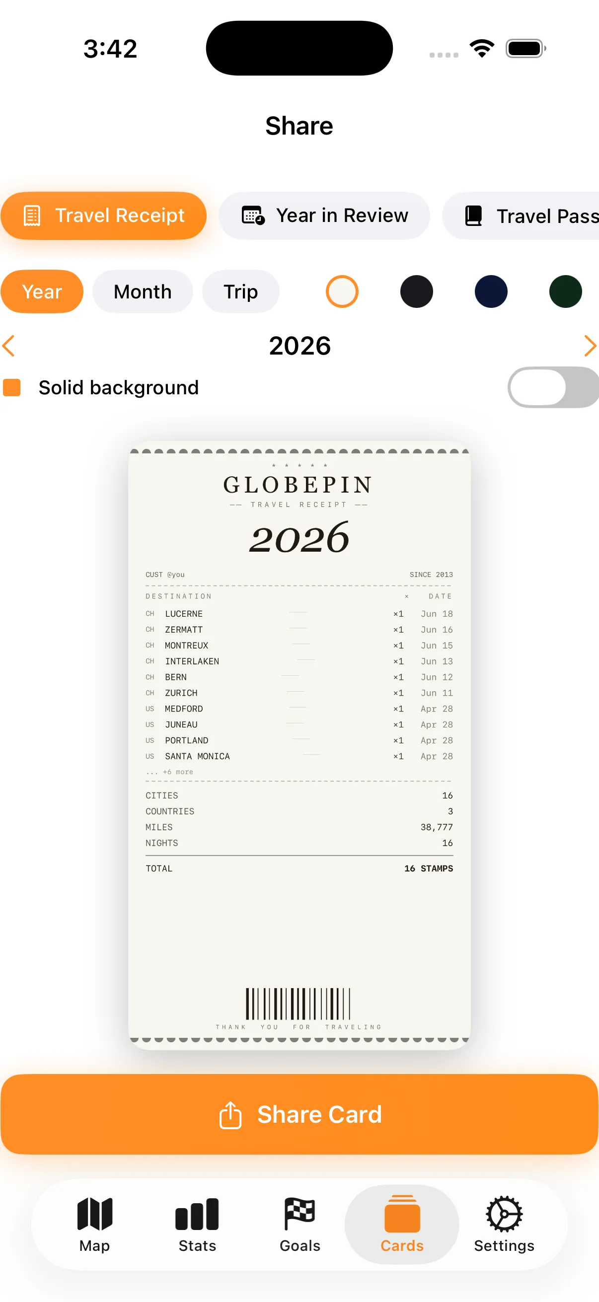 GlobePin travel receipt share card