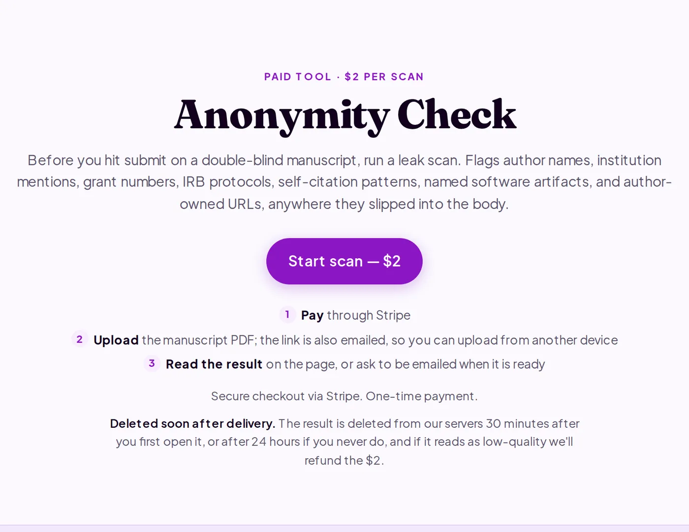 The start of the illustrative sample from the Anonymity Check page: findings grouped by category, each with the quoted text and a fix