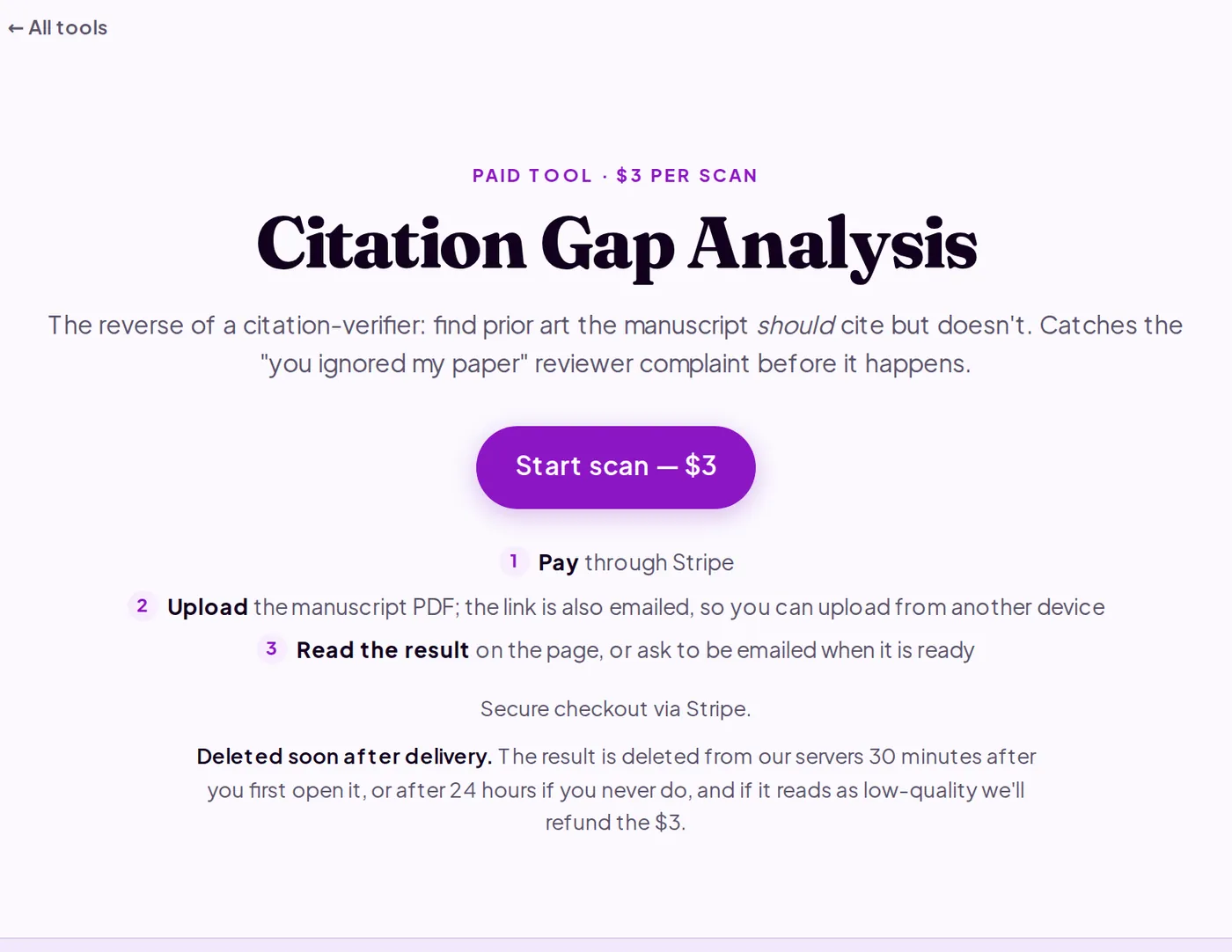 The start of the illustrative sample from the Citation Gap Analysis page: each suggested citation with its type, authors, verification status and the section it belongs in