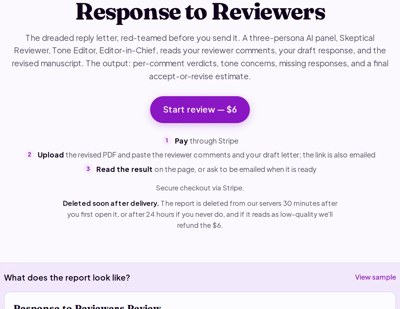 The start of the illustrative sample report from the Response to Reviewers page