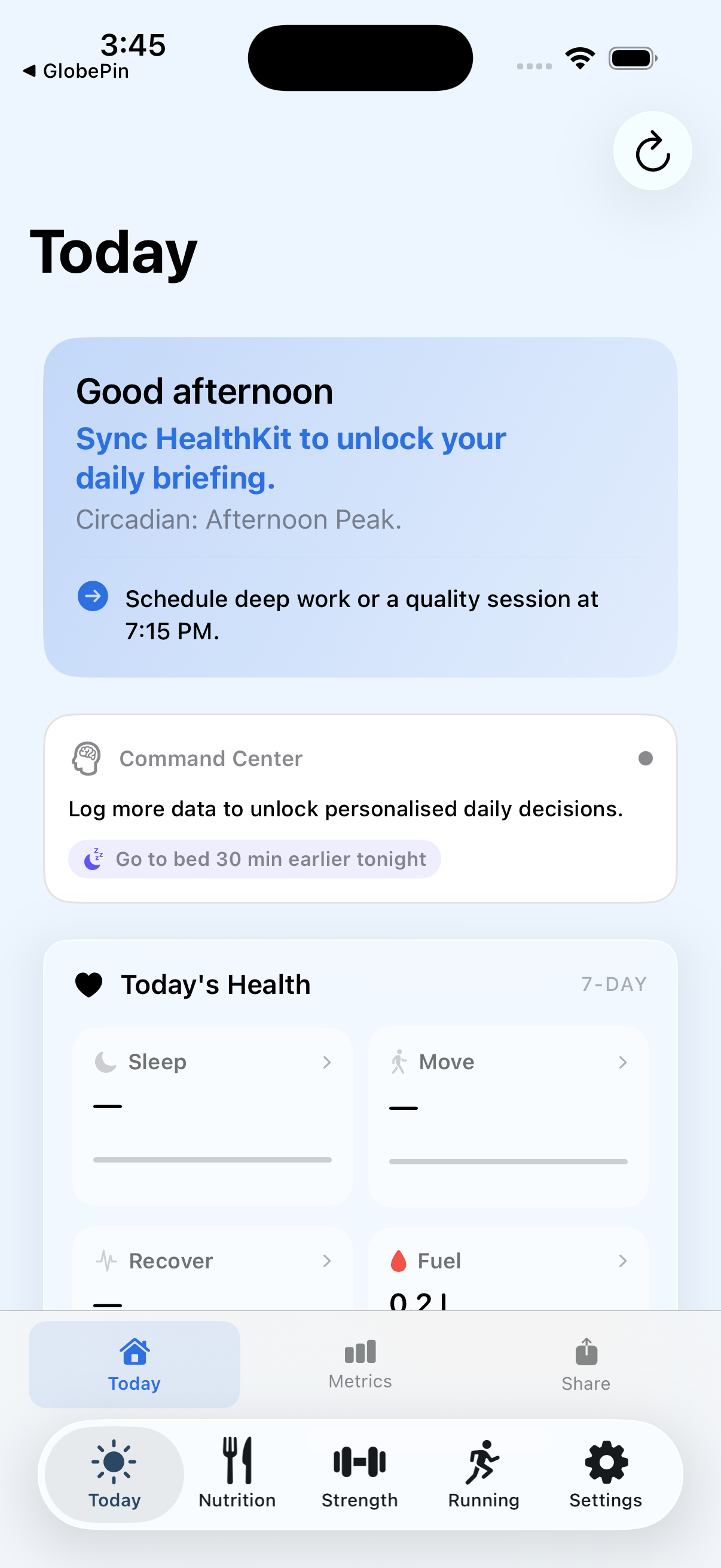 Haea Today view — daily briefing and circadian insights