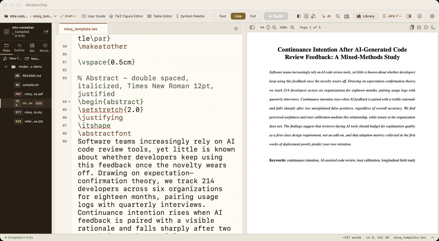 ModernTex with a manuscript open: the document outline in the sidebar, LaTeX source in the editor, and the built PDF beside it