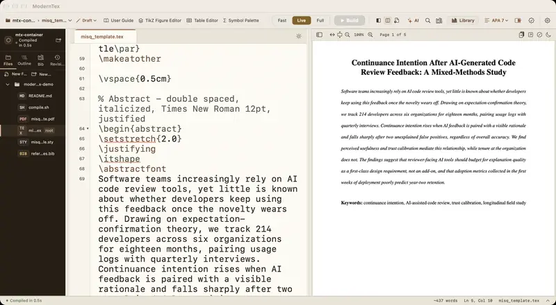ModernTex: LaTeX source and the compiled PDF side by side