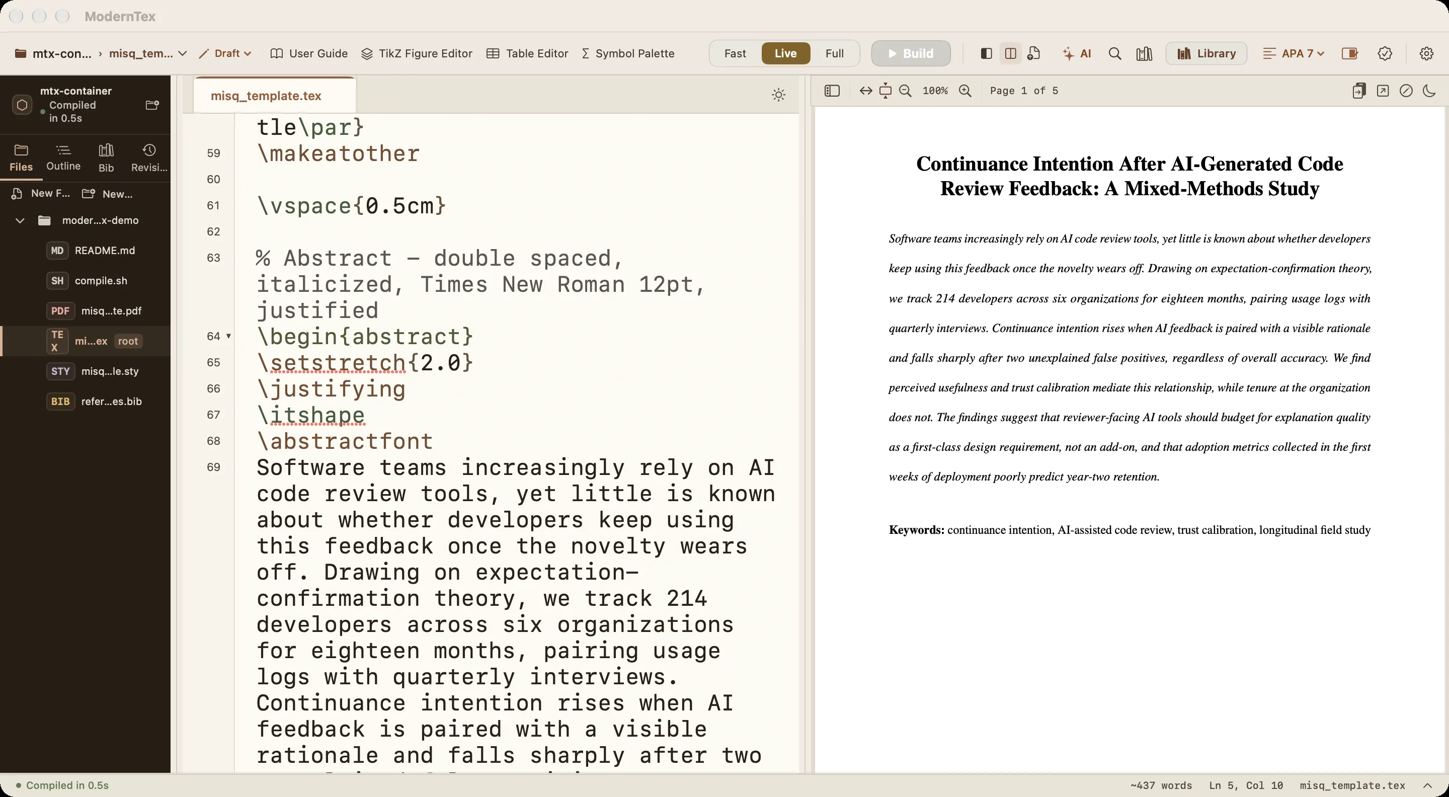 ModernTex editor: document outline, LaTeX source with syntax highlighting, and a live PDF preview side by side