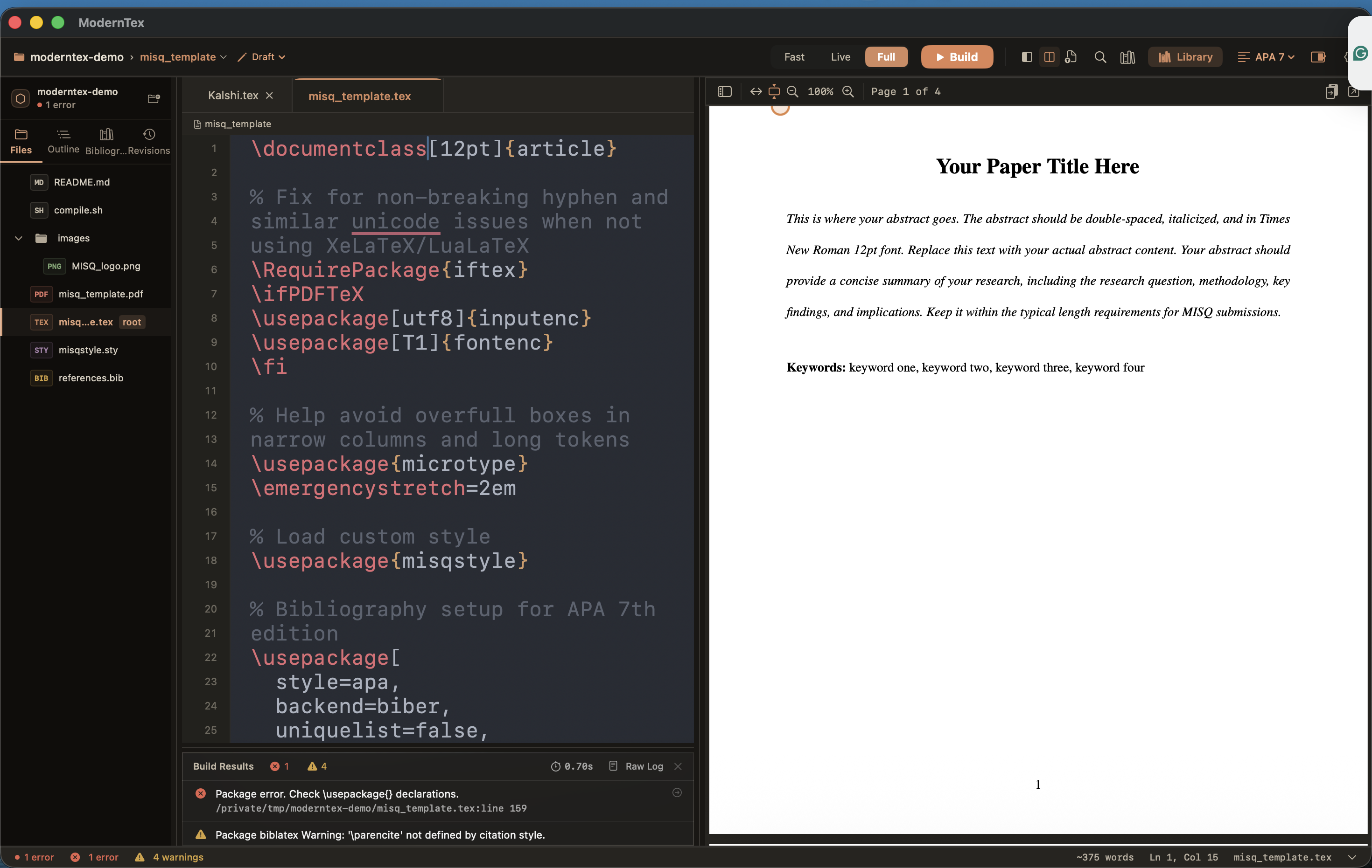 ModernTex editor — document outline, LaTeX source with syntax highlighting, and live PDF preview side by side