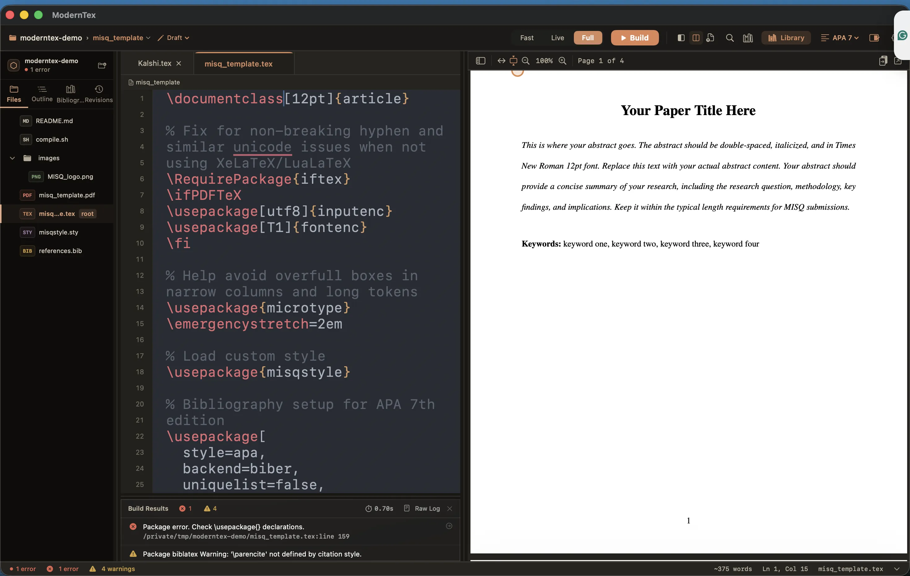 ModernTex editor - document outline, LaTeX source with syntax highlighting, and live PDF preview side by side