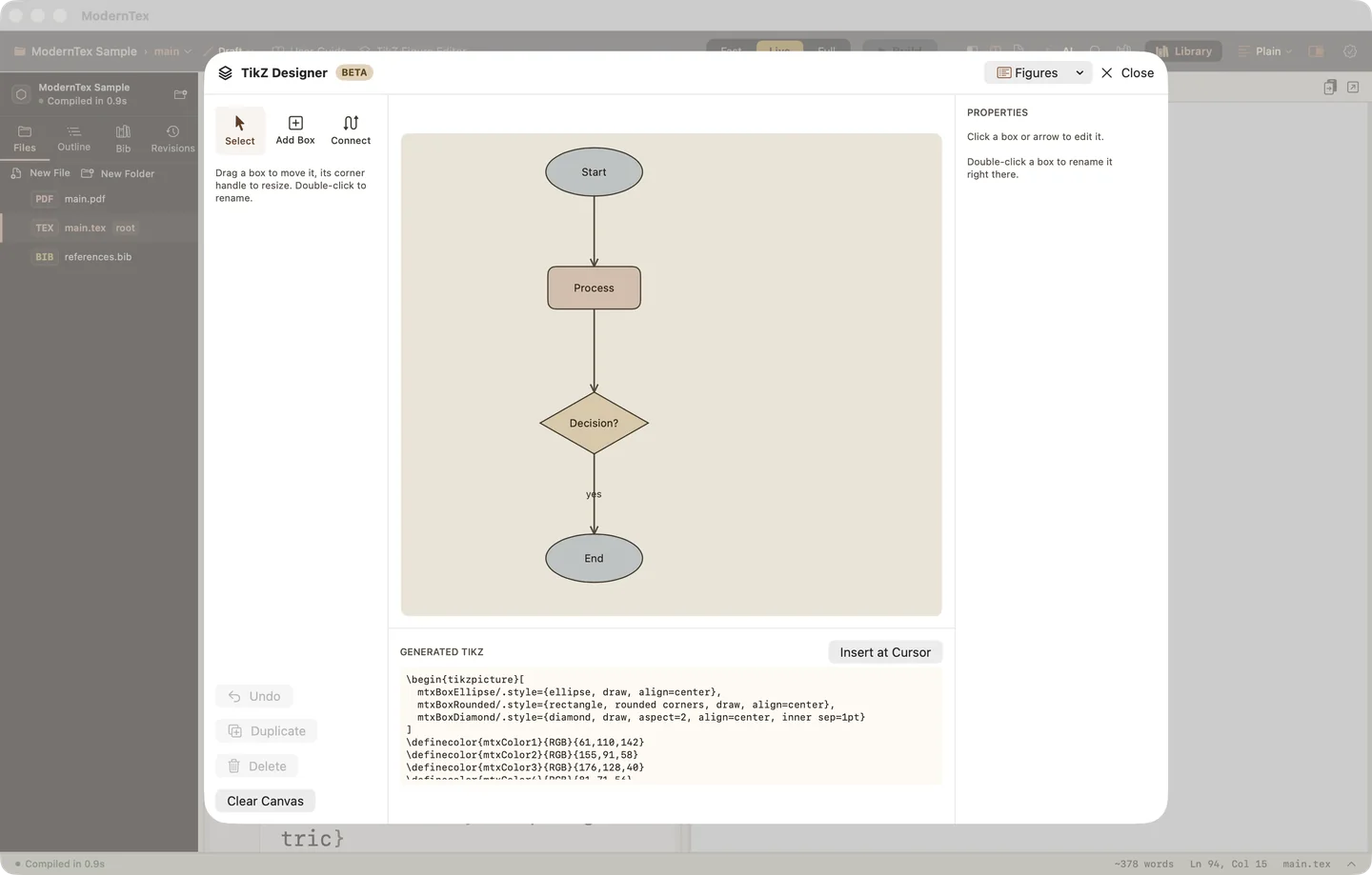 The TikZ Figure Editor in ModernTex: a flowchart of connected boxes on a canvas, with the generated TikZ code shown underneath