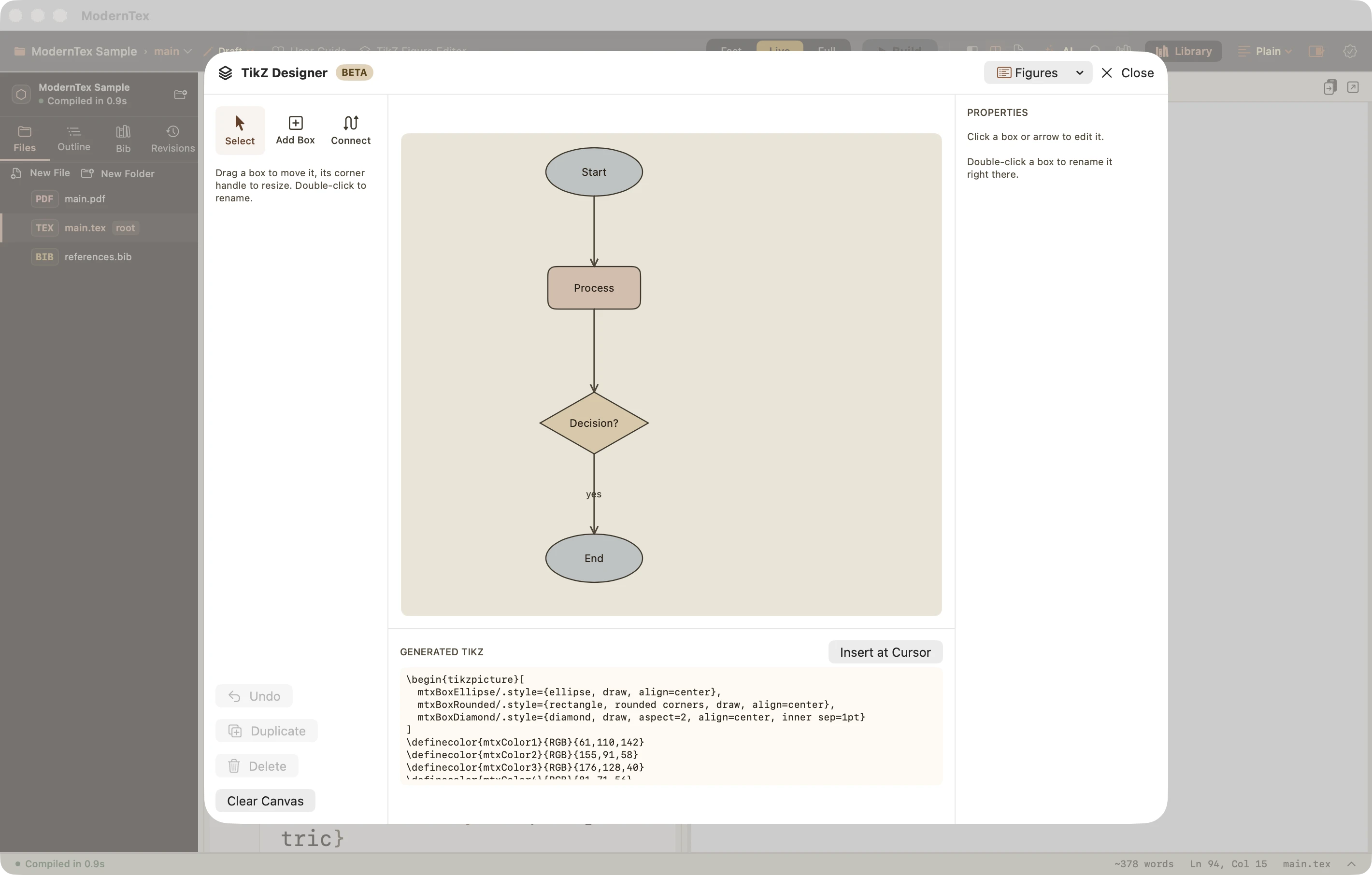 ModernTex's TikZ Designer: a flowchart built from draggable, connected boxes with the generated TikZ code shown below, ready to insert at the cursor