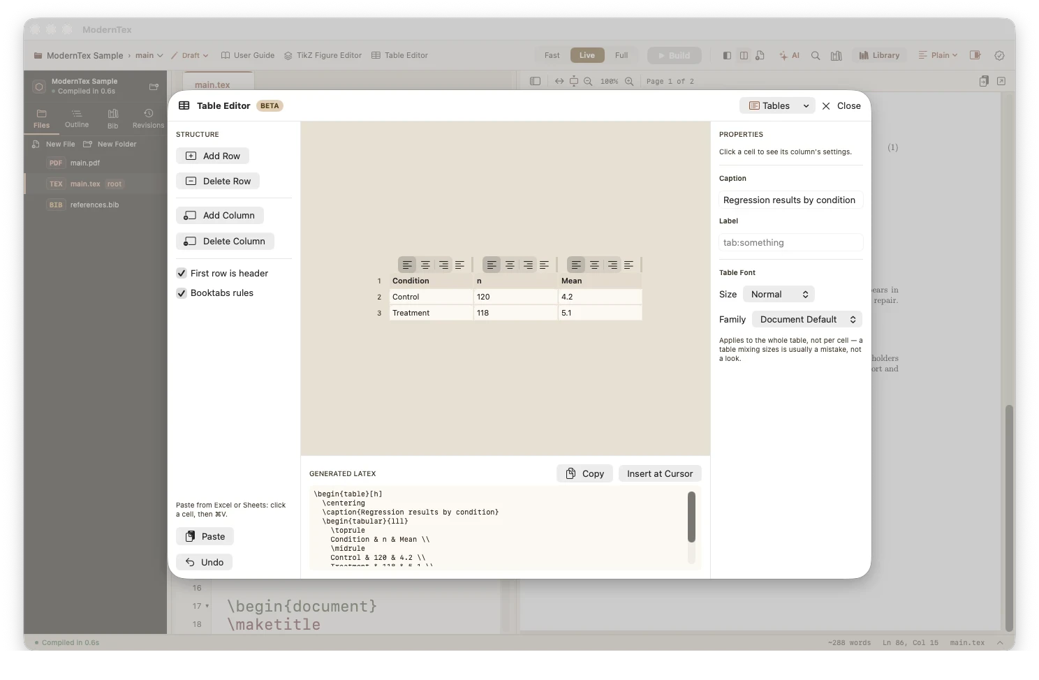 ModernTex table editor turning pasted spreadsheet cells into a booktabs LaTeX table