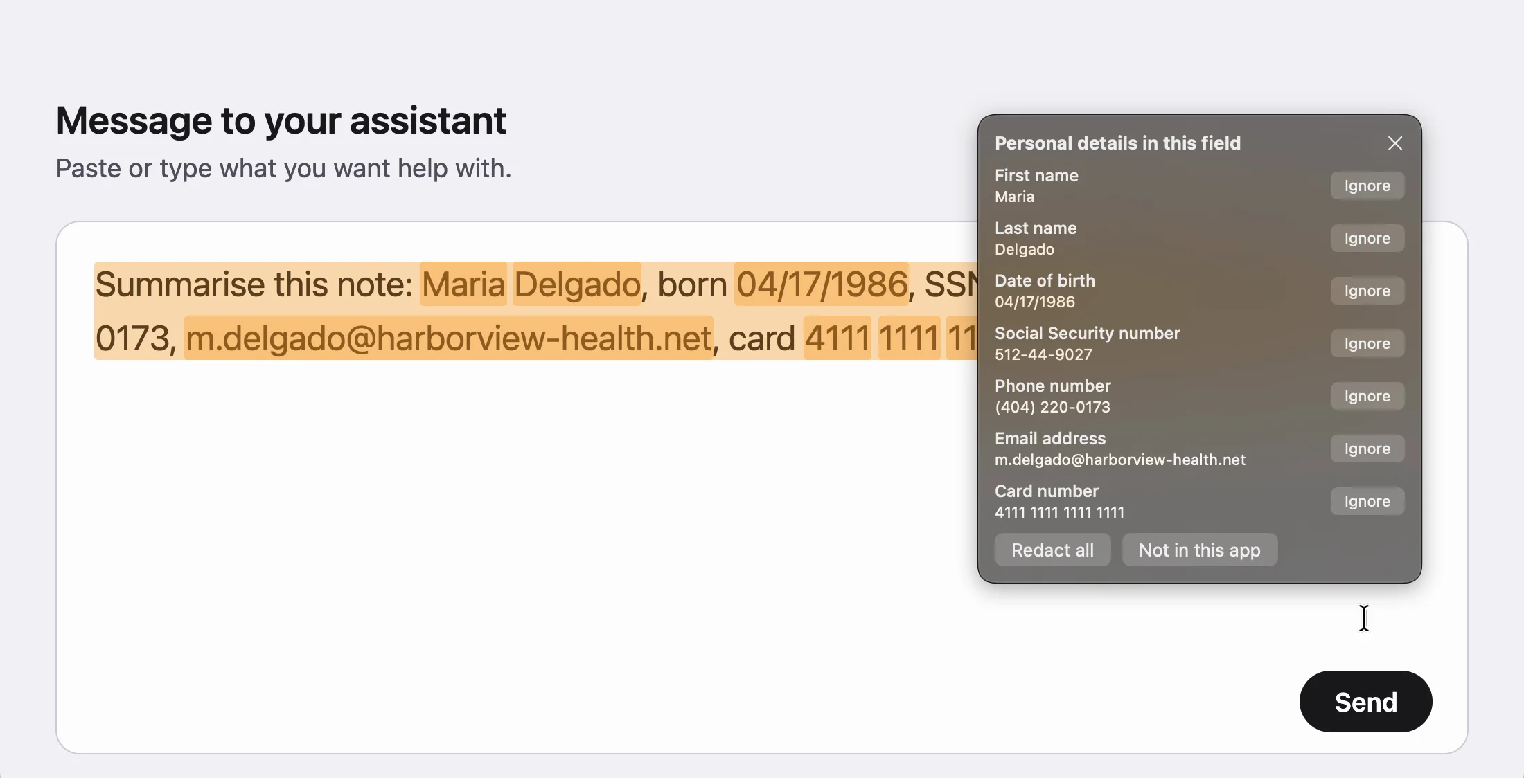 The Outbound Veil findings list open over the text field, listing a first name, last name, date of birth, Social Security number, phone number, email address and card number, each with an Ignore button, and Redact all and Not in this app buttons