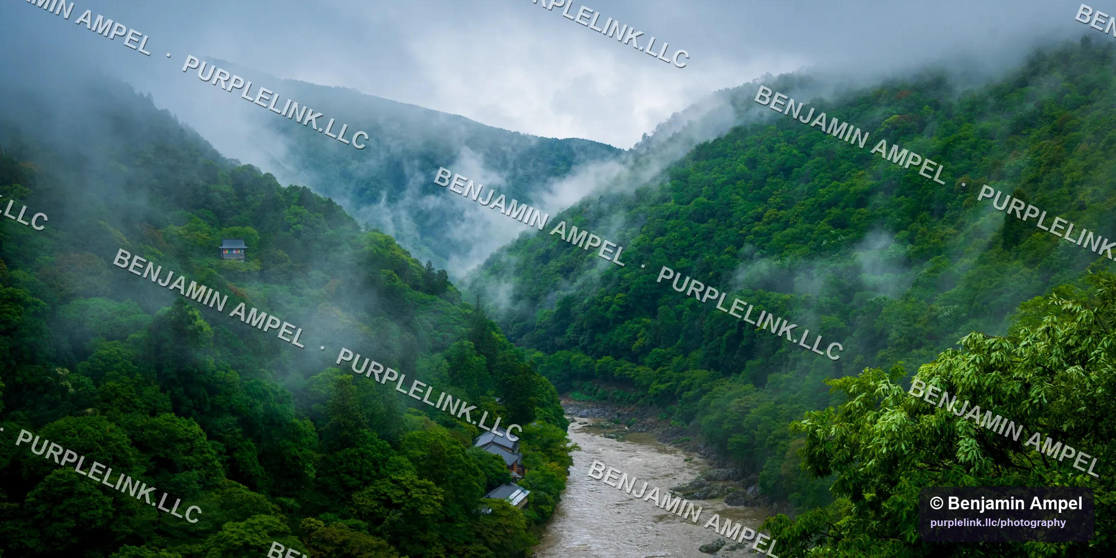 Mist rising from forested slopes above the Hozu River near Arashiyama