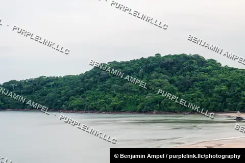 A lush green forested headland curves around a calm bay, with a sandy beach visible in the distance.