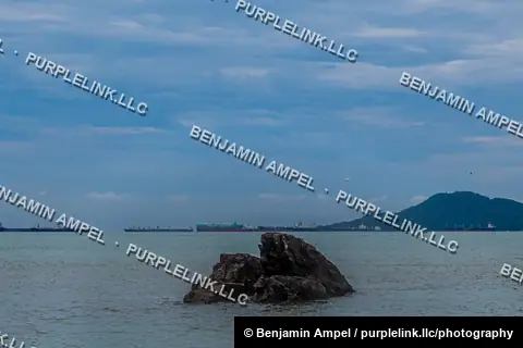 A dark rock formation rises from calm blue water, with several cargo ships anchored near a forested hill in the distance.