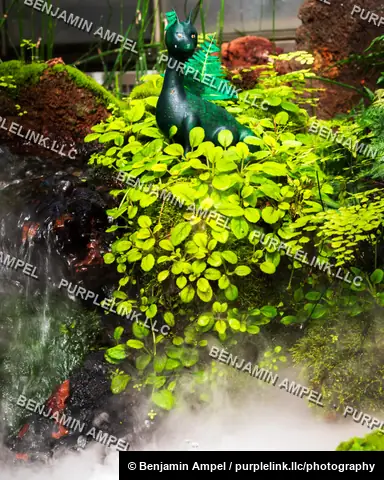 A small green dragon figurine sits among moss and trailing plants beside a misty miniature waterfall.
