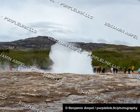 Iceland - June 2024: Strokkur geyser releases a wide burst of steam and water while a large crowd of visitors gathers to watch.