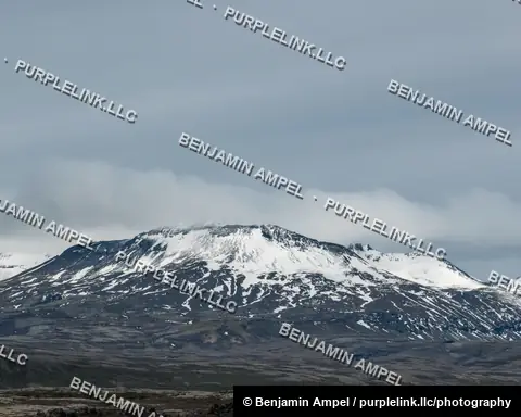 Iceland - June 2024: A white church and turf-roofed farmhouse cluster sit beside evergreen trees and a still river, framed by a large mountain at Thingvellir National Park.