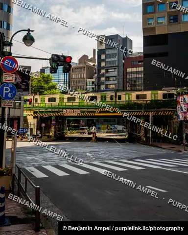 A quiet Tokyo street intersection with crosswalks and traffic signals sits empty as a green train passes on an elevated track overhead.