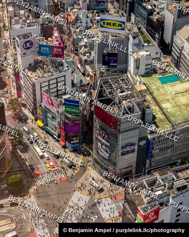 A high angle view over Shibuya Crossing in Tokyo shows the scramble intersection packed with pedestrians surrounded by tall buildings and large illuminated brand billboards.