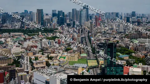A wide aerial view over central Tokyo shows dense high rise buildings with the red and white Tokyo Tower rising in the distance under a cloudy sky.