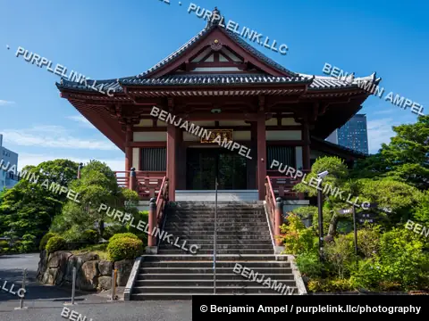 The traditional wooden main hall of Zojoji Temple stands beneath the towering red and white Tokyo Tower on a clear sunny day.