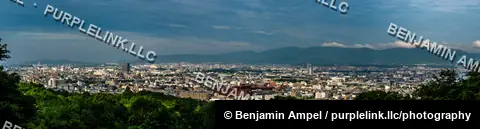 A wide panoramic view shows the dense Kyoto cityscape stretching to distant mountains, framed by a green forested hilltop in the foreground.