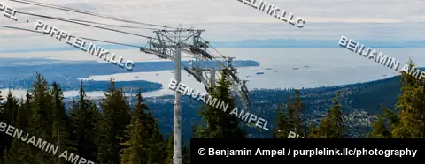 A gondola cable and support tower frame a wide panorama of Vancouver, English Bay, and anchored cargo ships from a mountainside.