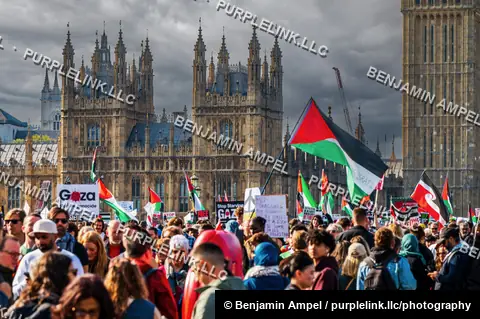 London, England - October 2025: A dense crowd waves Palestinian flags and carries placards during a demonstration outside the Houses of Parliament under a dramatic sky.