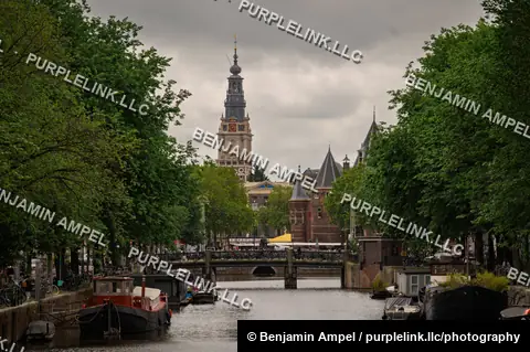 The historic Zuiderkerk bell tower rises above a tree-lined Amsterdam canal lined with houseboats.