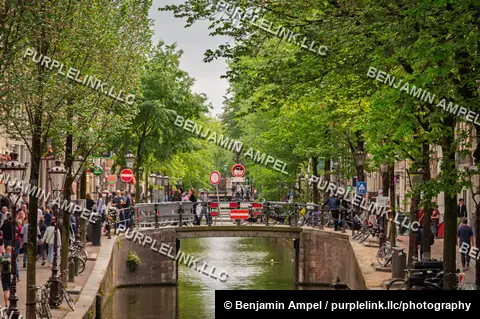 Amsterdam, Netherlands - June 2026: Pedestrians and cyclists pass along a tree-lined canal beneath red and white traffic signs.