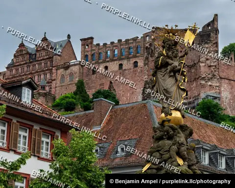 Heidelberg, Germany - June 2026: A gilded baroque Madonna statue rises before the ruins of Heidelberg Castle on the hillside.