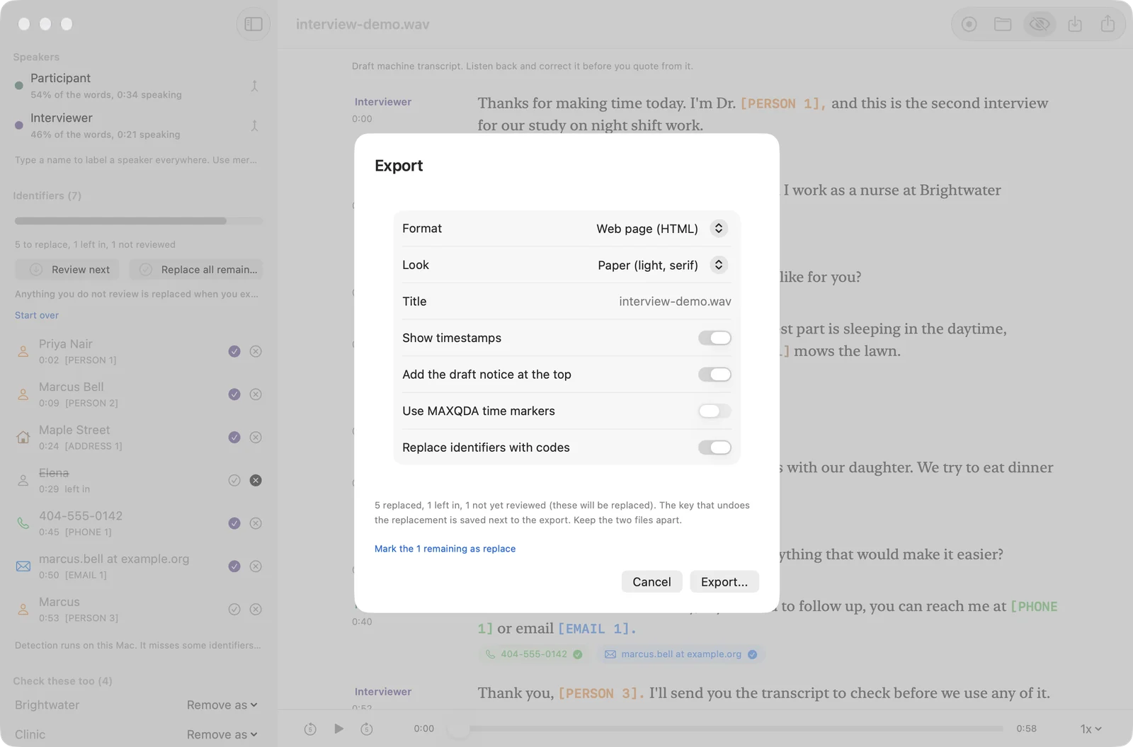 The Export sheet over the review window. Rows for Format (Web page, HTML), Look (Paper, light, serif), Title, Show timestamps, Add the draft notice at the top, Use MAXQDA time markers and Replace identifiers with codes. A note says 5 replaced, 1 left in, 1 not yet reviewed, and that the key that undoes the replacement is saved next to the export.