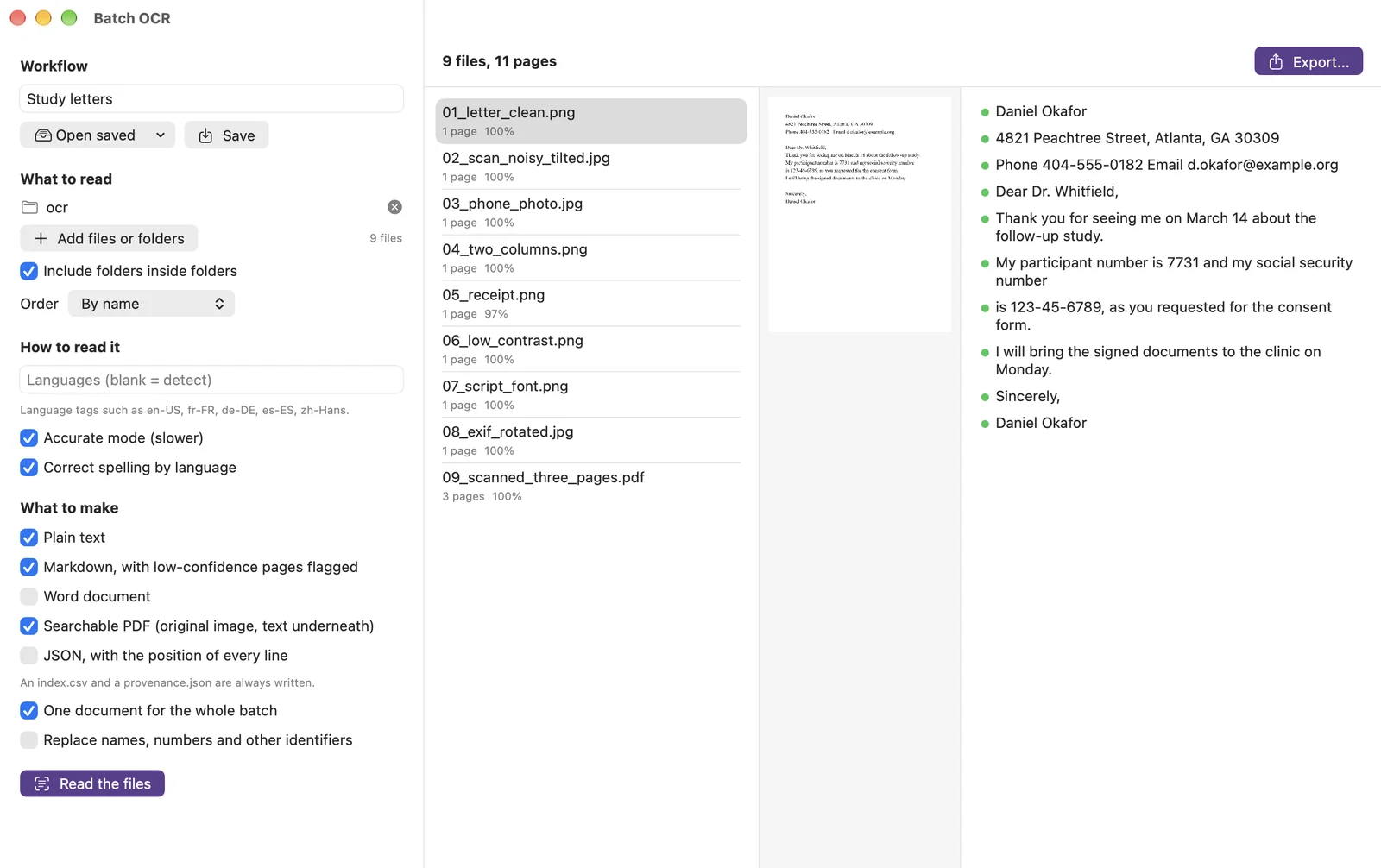 The Batch OCR window. A left panel sets the workflow, what to read, how to read it and which outputs to make. In the middle a list of nine files shows each file's page count and confidence, with 97% for the receipt and 100% for the others. A page image and the recognized lines of a letter sit on the right.
