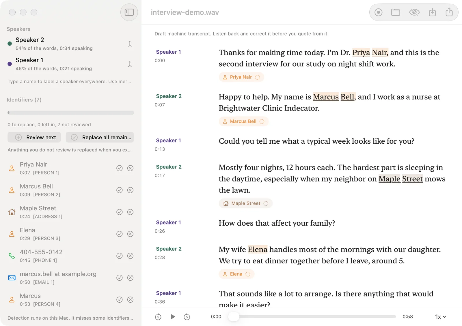 Tapefolio's review window on an interview transcript. The left panel lists two speakers with their share of the words and seven identifiers found, none reviewed yet. The transcript fills the right, with names, a street and a first name underlined, and an audio player along the bottom.