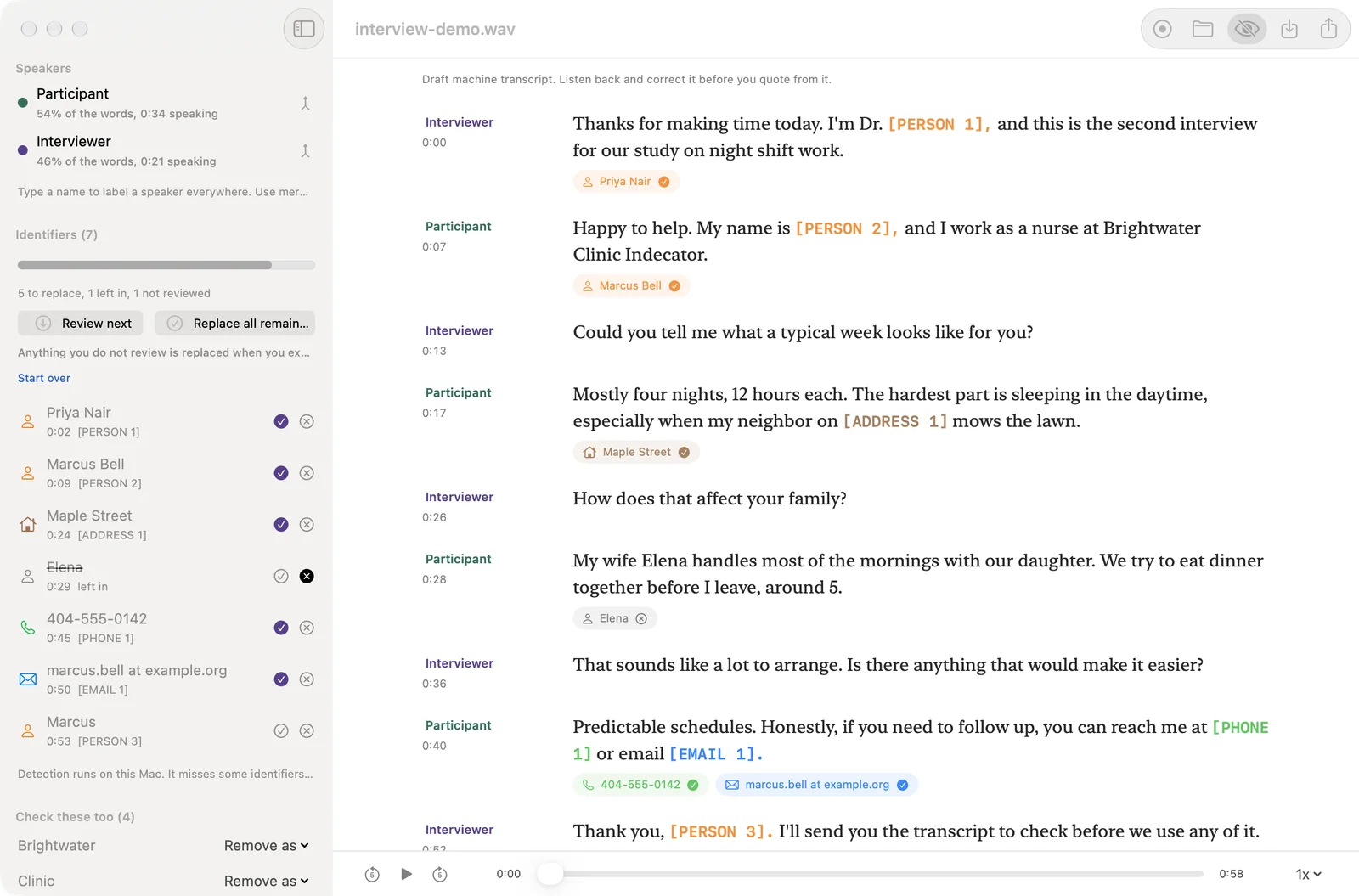 The transcript with the replacements shown. The text reads Dr. [PERSON 1], [PERSON 2], [ADDRESS 1], [PHONE 1], [EMAIL 1] and [PERSON 3] in place of the names, street, phone number and email address. Elena and the words Brightwater Clinic Indecator are still readable.