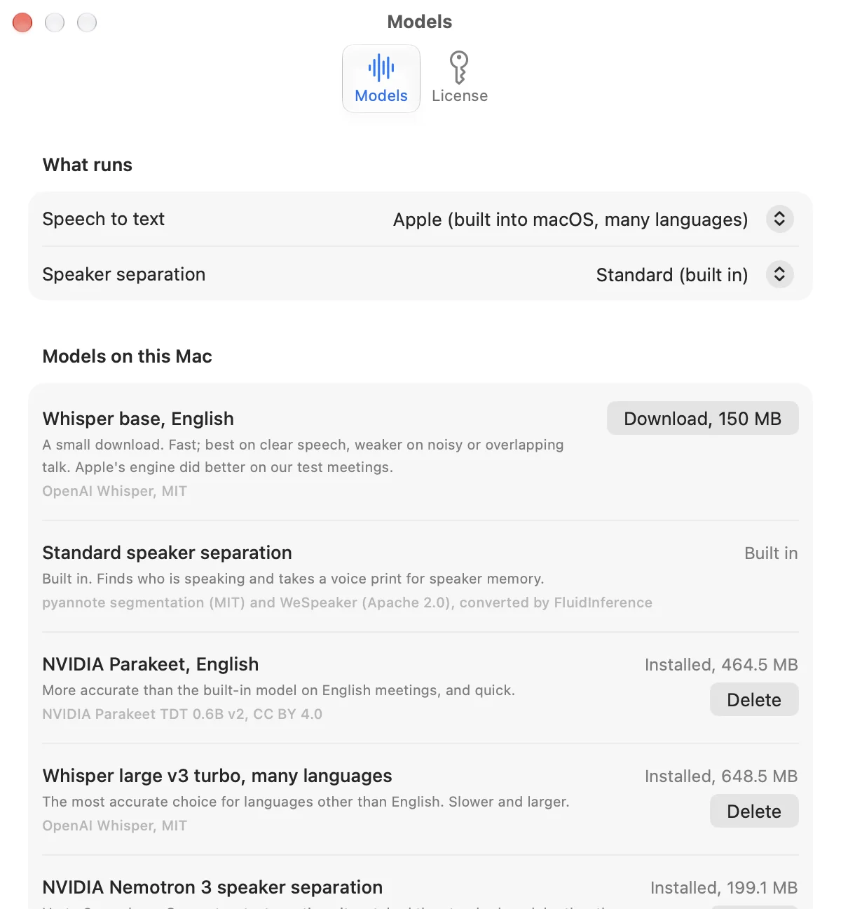 Settings, Models. Speech to text is set to Apple, built into macOS, many languages, and speaker separation to Standard. Under Models on this Mac, Whisper base English offers a 150 MB download, and NVIDIA Parakeet English and Whisper large v3 turbo are installed with a Delete button each.
