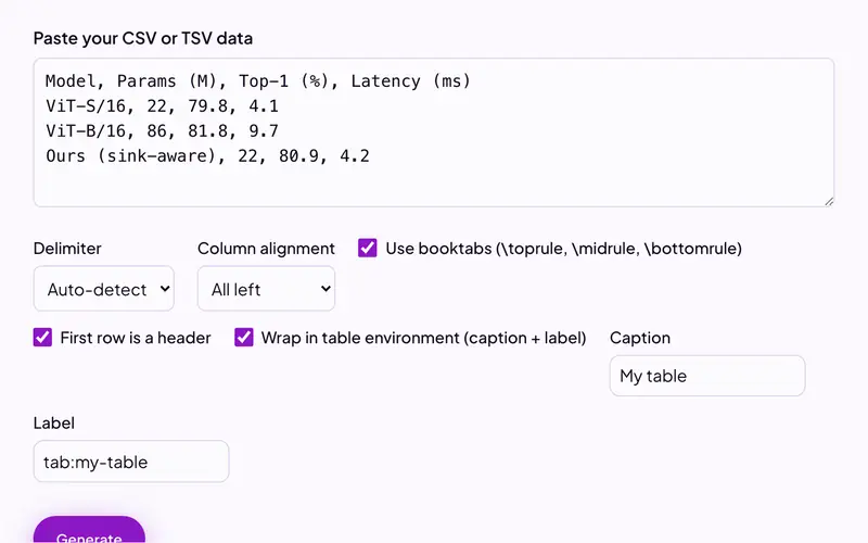 The LaTeX Table Generator with a pasted CSV of model results and the booktabs, header and caption options