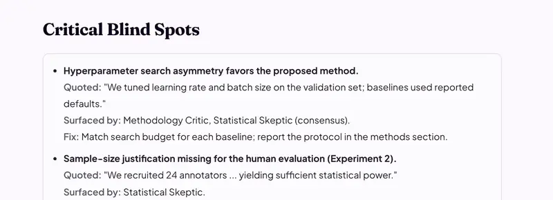 The sample Paper Review report: critical blind spots, each quoting the manuscript and naming the reviewer that raised it
