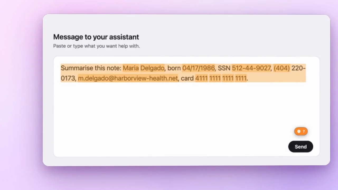 Outbound Veil marking a name, date of birth, Social Security number, phone number, email address and card number in a text field, with its list of findings open beside them