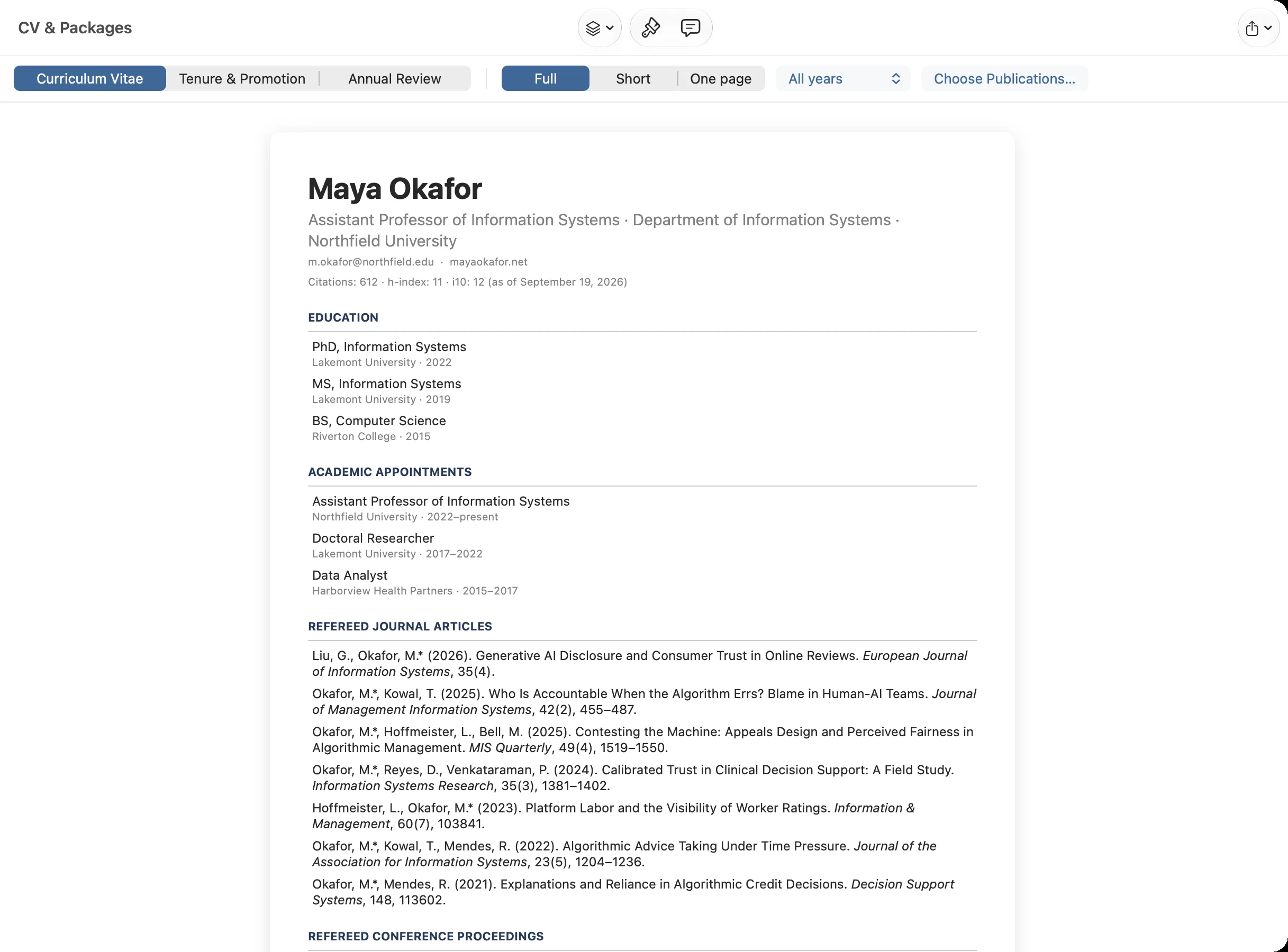 Vitae CV and Packages view showing a formatted academic CV for a fictional researcher, with education, appointments and refereed journal articles