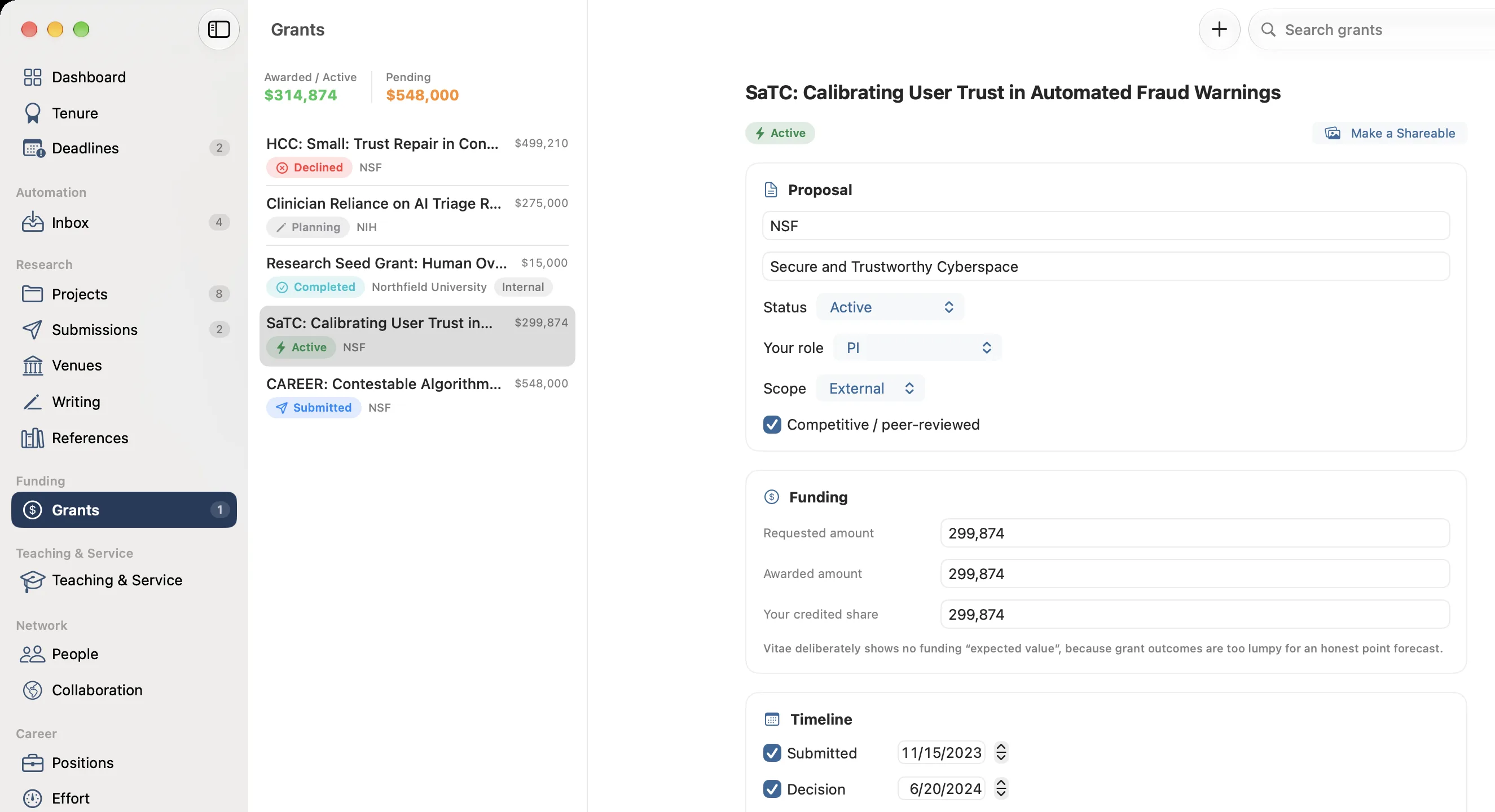 Vitae grants view with sample data: a list of grants by status and amount, and the detail of one NSF award with funding amounts, timeline and reporting deadlines