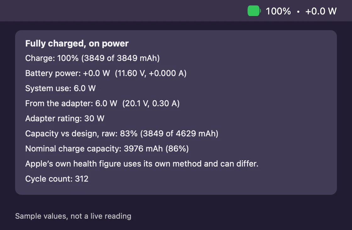 Sample values, not a live reading. The menu bar shows a green battery icon, 100%, a dot and +0.0 W, and the open menu reads Fully charged, on power with the adapter rating of 30 W.