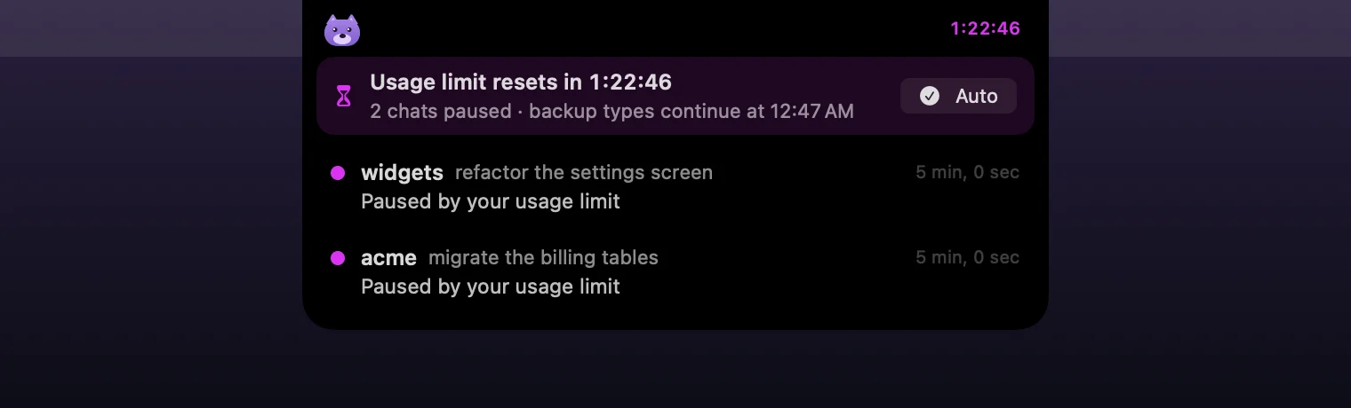 The usage-limit banner, drawn from made-up sessions. It reads Usage limit resets in 1:22:27, 2 chats paused, with Auto turned on, and lists the two paused chats, acme and widgets.