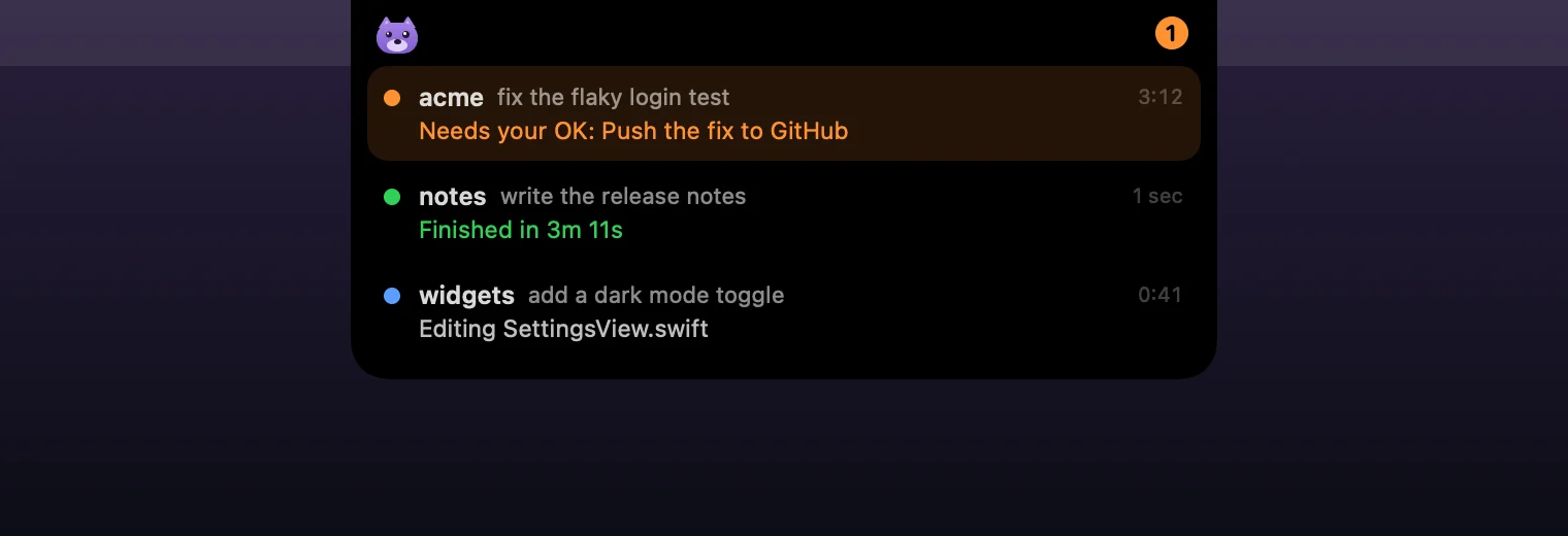 Buddy open below the MacBook notch with three made-up sessions. acme needs your OK to push a fix to GitHub, notes finished in 3m 11s, and widgets is editing SettingsView.swift.