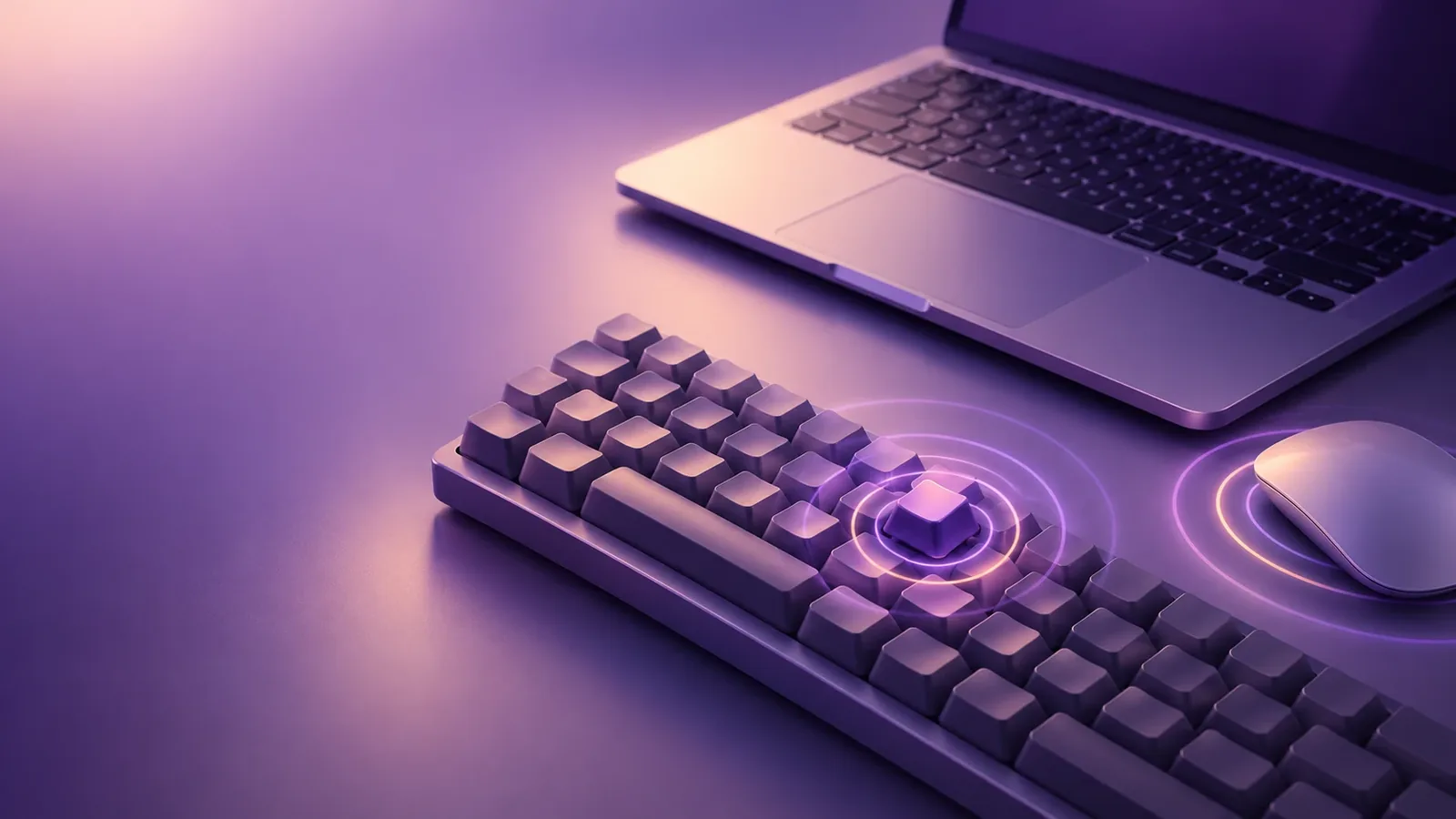 An illustration of a keyboard with one key lit and rings spreading out from it, a laptop behind it, and a mouse on the right with its own rings