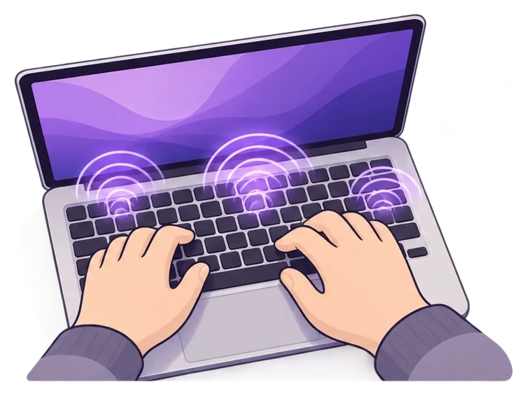 An illustration of two hands typing on a laptop keyboard, with rings of sound rising from three of the keys