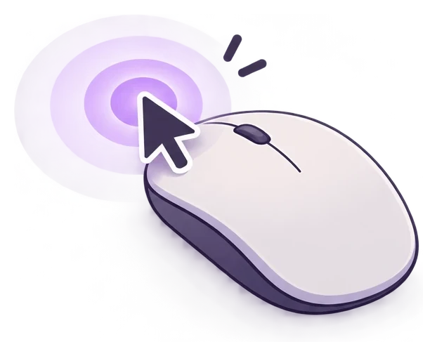 An illustration of a mouse and a pointer, with purple rings spreading from the point that was clicked