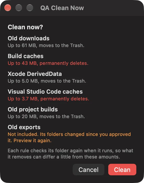 Legroom's Clean now confirmation listing six sample rules, each with the most it would remove and whether it moves items to the Trash or deletes them permanently, with one rule marked as not included because its folders changed since it was approved